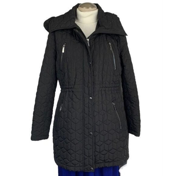 Calvin Klein Fur Trimmed Diamond Quilted 3/4 Length Coat - Black, Size Large - Picture 3 of 12
